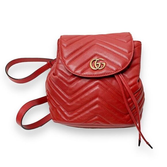 Gucci Marmont Metallasse Quilted Chevron Leather Drawstring Backpack Mini GG Red - Picture 1 of 16